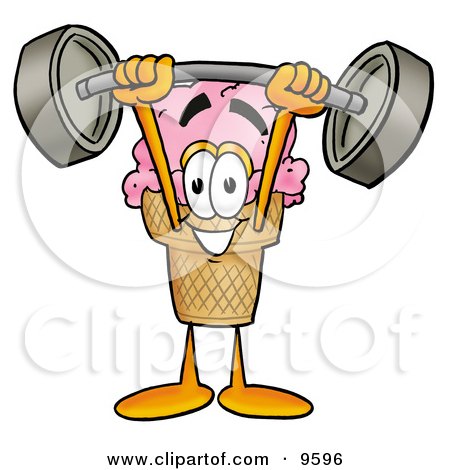 Clipart Picture of an Ice Cream Cone Mascot Cartoon Character Holding a Heavy Barbell Above His Head by Mascot Junction