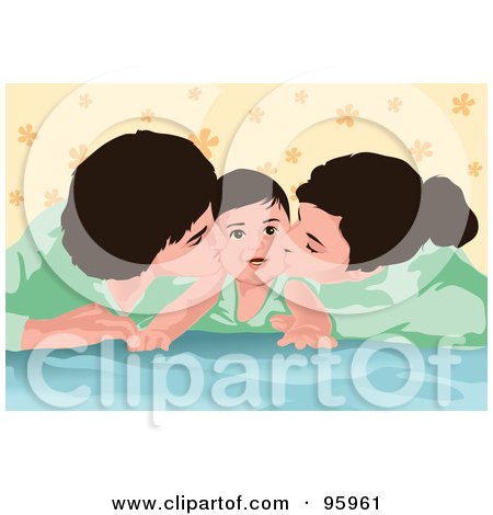 Royalty-Free (RF) Clipart Illustration of a Smiling Baby Being Kissed By Mom And Dad by mayawizard101
