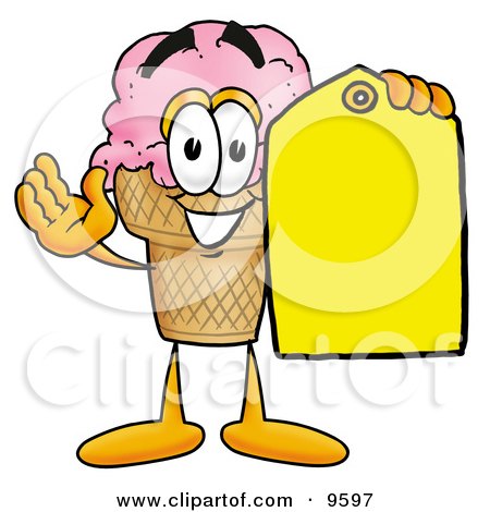 Clipart Picture of an Ice Cream Cone Mascot Cartoon Character Holding a Yellow Sales Price Tag by Mascot Junction