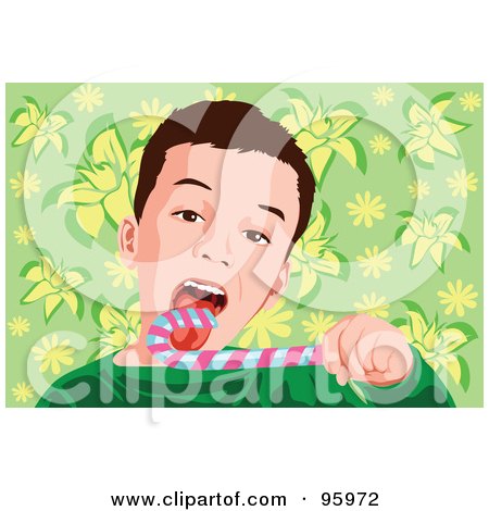Royalty-Free (RF) Clipart Illustration of a Little Boy Licking A Candy Cane by mayawizard101