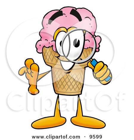 Clipart Picture of an Ice Cream Cone Mascot Cartoon Character Looking Through a Magnifying Glass by Mascot Junction