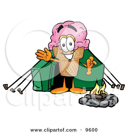 Clipart Picture of an Ice Cream Cone Mascot Cartoon Character Camping With a Tent and Fire by Mascot Junction
