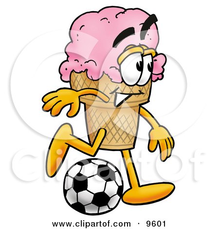 Clipart Picture of an Ice Cream Cone Mascot Cartoon Character Kicking a Soccer Ball by Mascot Junction