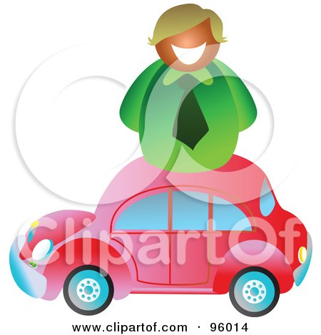 Royalty-Free (RF) Clipart Illustration of a Happy Salesman Over A Red Car by Prawny
