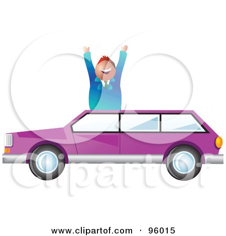Royalty-Free (RF) Clipart Illustration of a Happy Salesman Over A Purple Station Wagon by Prawny