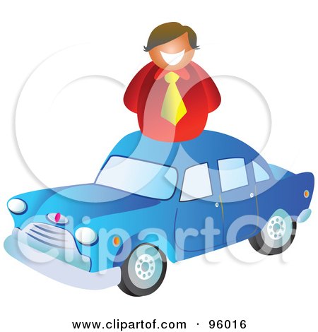 Royalty-Free (RF) Clipart Illustration of a Happy Salesman Over A Blue Car by Prawny