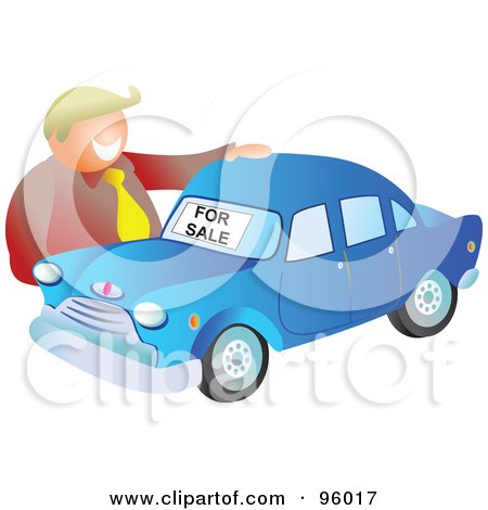 Royalty-Free (RF) Clipart Illustration of a Blond Salesman Presenting A Blue Car by Prawny