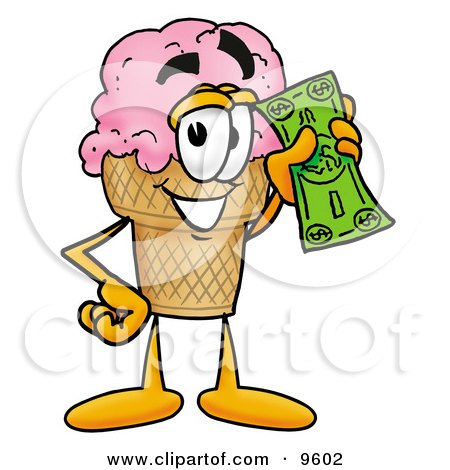 Clipart Picture of an Ice Cream Cone Mascot Cartoon Character Holding a Dollar Bill by Mascot Junction