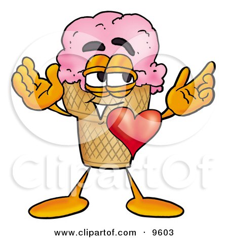 Clipart Picture of an Ice Cream Cone Mascot Cartoon Character With His Heart Beating Out of His Chest by Mascot Junction