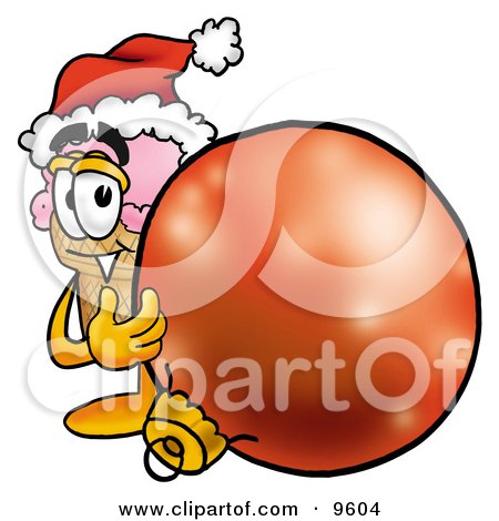 Clipart Picture of an Ice Cream Cone Mascot Cartoon Character Wearing a Santa Hat, Standing With a Christmas Bauble by Mascot Junction