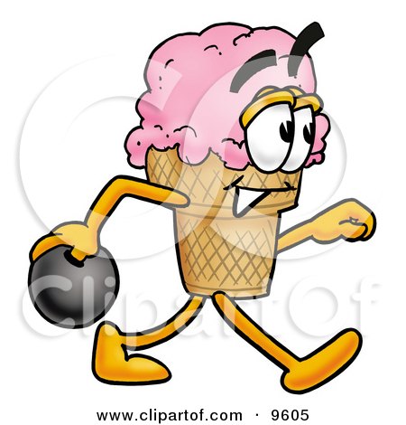 Clipart Picture of an Ice Cream Cone Mascot Cartoon Character Holding a Bowling Ball by Mascot Junction