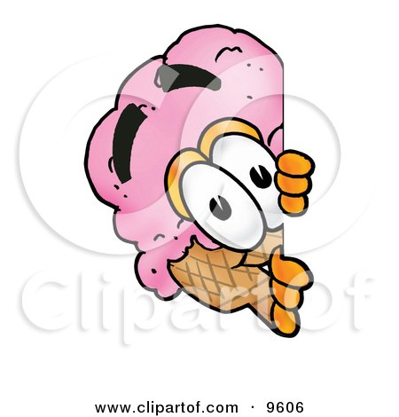 Clipart Picture of an Ice Cream Cone Mascot Cartoon Character Peeking Around a Corner by Mascot Junction