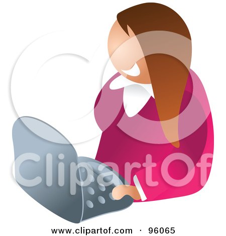 Royalty-Free (RF) Clipart Illustration of a Brunette Faceless Business Woman Using A Computer by Prawny