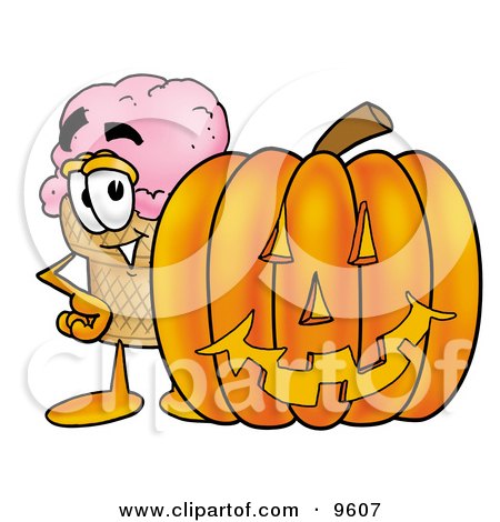 Clipart Picture of an Ice Cream Cone Mascot Cartoon Character With a Carved Halloween Pumpkin by Mascot Junction