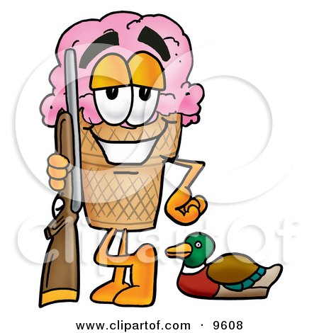 Clipart Picture of an Ice Cream Cone Mascot Cartoon Character Duck Hunting, Standing With a Rifle and Duck by Mascot Junction