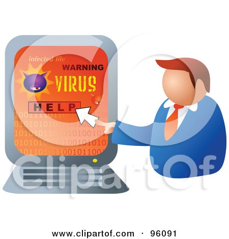 Royalty-Free (RF) Clipart Illustration of a Businessman Looking For Help To Remove A Computer Virus by Prawny