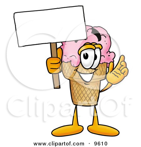 Clipart Picture of an Ice Cream Cone Mascot Cartoon Character Holding a Blank Sign by Mascot Junction