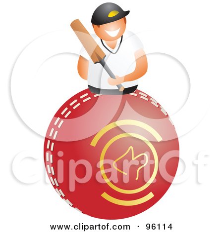 Royalty-Free (RF) Clipart Illustration of a Happy Cricket Player Holding A Bat Over A Red Ball by Prawny