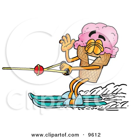 Clipart Picture of an Ice Cream Cone Mascot Cartoon Character Waving While Water Skiing by Mascot Junction