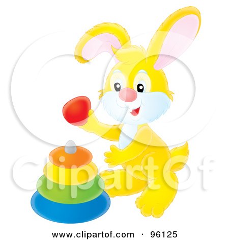 Royalty-Free (RF) Clipart Illustration of a Cute Yellow Bunny Rabbit Playing With A Baby Ring Toy by Alex Bannykh