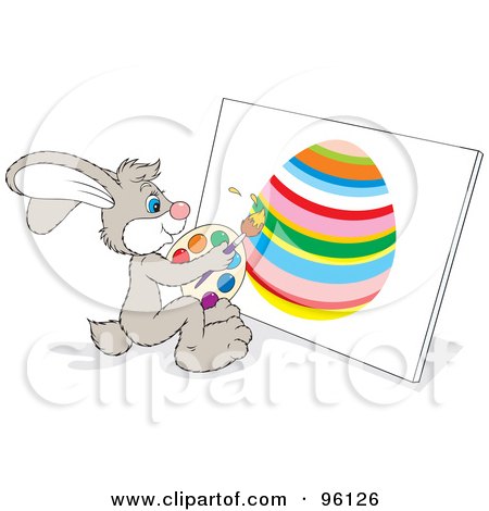 Royalty-Free (RF) Clipart Illustration of an Artistic Bunny Painting An Easter Egg On Canvas by Alex Bannykh