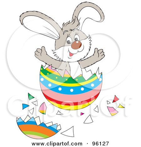 Royalty-Free (RF) Clipart Illustration of a Surprise Bunny Bursting From An Easter Egg by Alex Bannykh