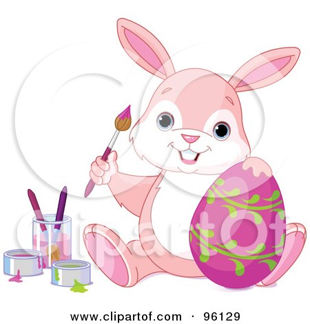 Royalty-Free (RF) Clipart Illustration of a Cute Pink Easter Bunny Painting A Pink Easter Egg With Vines by Pushkin