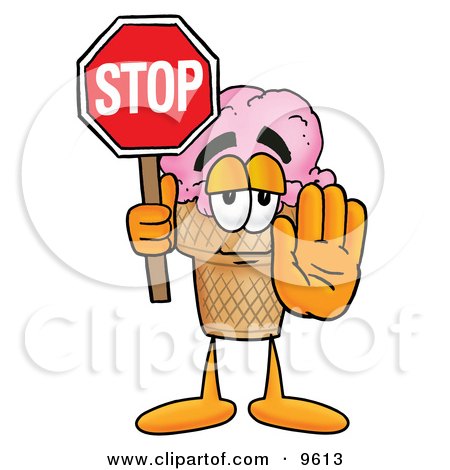 Clipart Picture of an Ice Cream Cone Mascot Cartoon Character Holding a Stop Sign by Mascot Junction