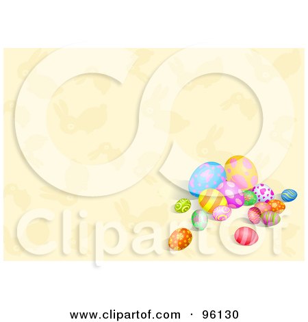 Royalty-Free (RF) Clipart Illustration of a Group Of Easter Eggs On A Beige Bunny Background by Pushkin