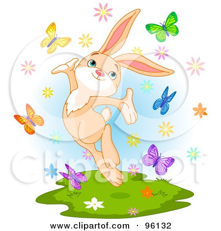 Royalty-Free (RF) Clipart Illustration of a Happy Spring Time Bunny Jumping With Butterflies by Pushkin