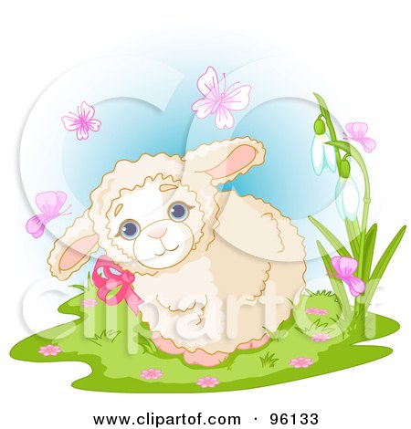Royalty-Free (RF) Clipart Illustration of a Cute Baby Lamb Wearing A Pink Bow, Surrounded By Spring Time Butterflies by Pushkin