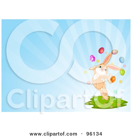 Royalty-Free (RF) Clipart Illustration of a Happy Easter Bunny Jumping With Easter Eggs On A Blue Ray Background by Pushkin