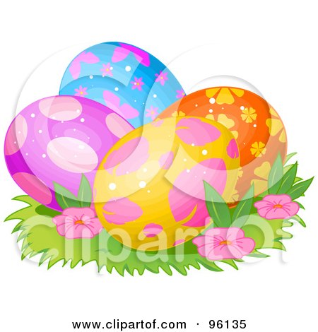Royalty-Free (RF) Clipart Illustration of a Colorful Group Of Spotted, Floral And Butterfly Easter Eggs In Grass And Flowers by Pushkin