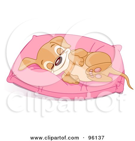 Royalty-Free (RF) Clipart Illustration of a Happy Puppy Snuggling In A Pink Fluffly Pillow by Pushkin
