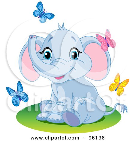 Royalty-Free (RF) Clipart Illustration of a Cute Baby Blue Elephant Sitting And Watching Spring Time Butterflies by Pushkin