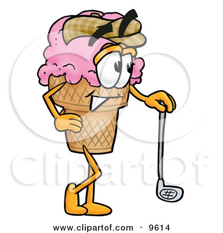 Clipart Picture of an Ice Cream Cone Mascot Cartoon Character Leaning on a Golf Club While Golfing by Mascot Junction