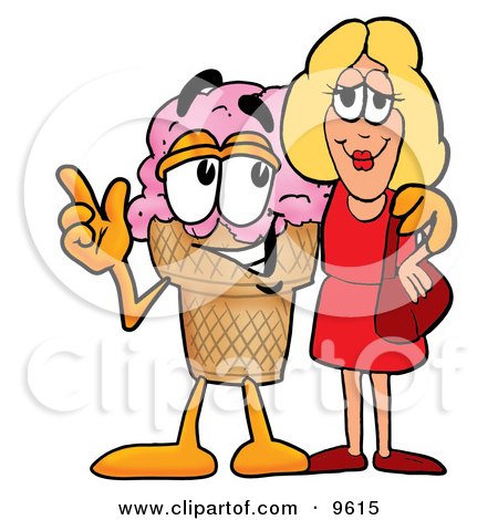 Clipart Picture of an Ice Cream Cone Mascot Cartoon Character Talking to a Pretty Blond Woman by Mascot Junction