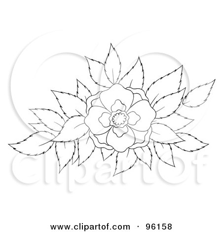 Royalty-Free (RF) Clipart Illustration of an Outline Of A Blooming Flower Over Leaves by Alex Bannykh