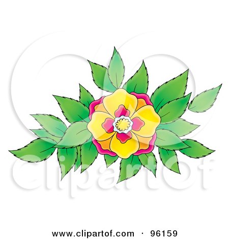 Royalty-Free (RF) Clipart Illustration of a Pretty Pink And Yellow Flower Blooming Over Green Leaves by Alex Bannykh
