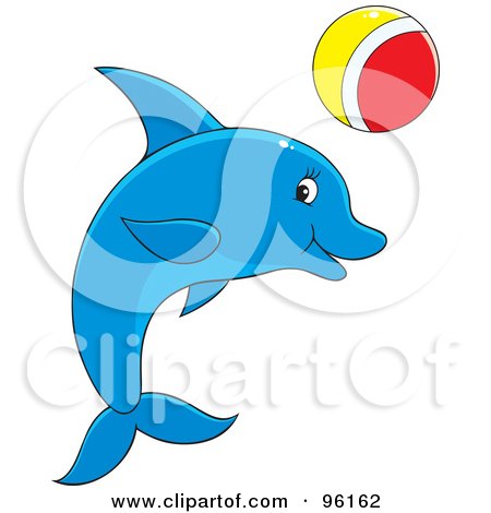 Royalty-Free (RF) Clipart Illustration of a Playful Blue Dolphin With A Red, White And Yellow Ball by Alex Bannykh