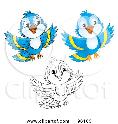 Royalty-Free (RF) Clipart Illustration of a Digital Collage Of Three Bluebirds, Shown In Airbrush, Cartoon And Outline by Alex Bannykh