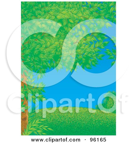 Royalty-Free (RF) Clipart Illustration of a Tree Full Of Airbrushed Spring Foliage, Framing A Park Scene Of A Grassy Hill On A Clear Day by Alex Bannykh
