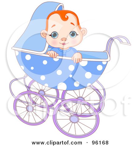 Royalty-Free (RF) Clipart Illustration of a Cute Red Haired Baby Boy Looking Over The Edge Of A Blue Baby Pram by Pushkin