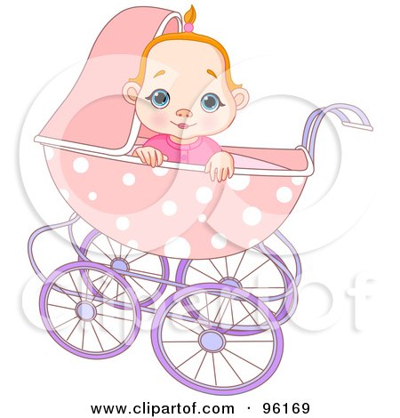 Royalty-Free (RF) Clipart Illustration of a Cute Red Haired Baby Girl Looking Over The Edge Of A Pink Baby Pram by Pushkin
