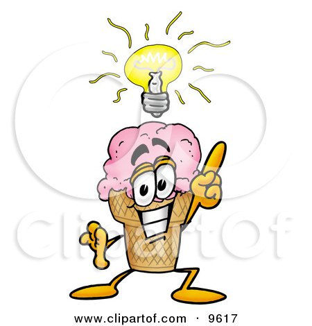 Clipart Picture of an Ice Cream Cone Mascot Cartoon Character With a Bright Idea by Mascot Junction