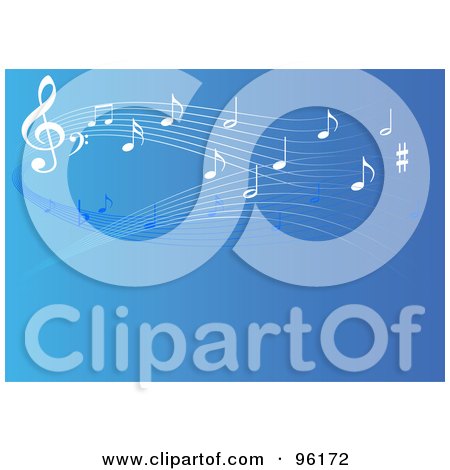 Royalty-Free (RF) Clipart Illustration of a Blue Background Of Music Notes Flowing Into The Distance by Pushkin