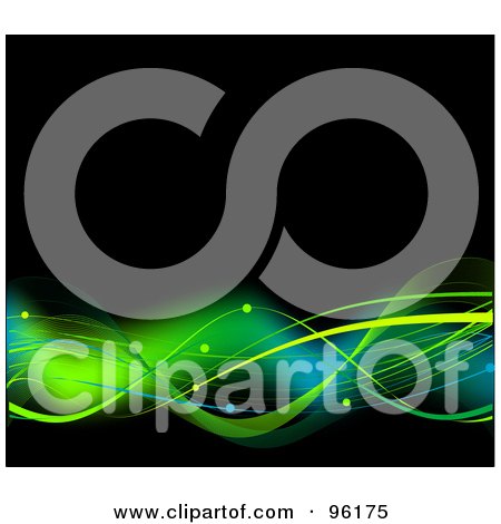 Royalty-Free (RF) Clipart Illustration of Waves Of Green Flowing Over A Black Background With Little Balls by Pushkin