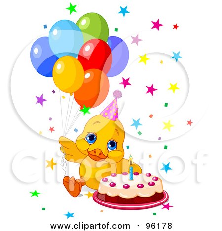 Royalty-Free (RF) Clipart Illustration of a Cute Birthday Duck With Balloons, Stars And A Cake by Pushkin