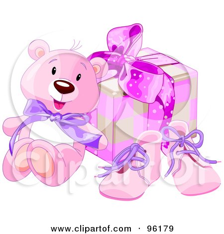 Royalty-Free (RF) Clipart Illustration of a Pink Teddy Bear Against A Girl's Birthday Present And Pink Shoes by Pushkin