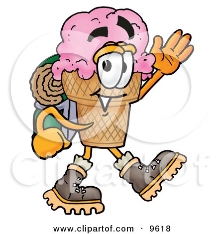 Clipart Picture of an Ice Cream Cone Mascot Cartoon Character Hiking and Carrying a Backpack by Mascot Junction